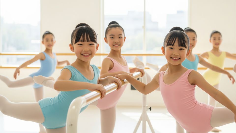 笑顔でバーレッスンの子供達ークラスとレッスンの案内