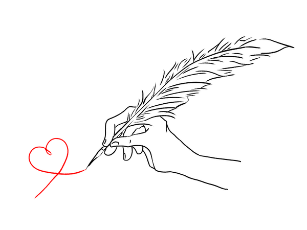 ハートを描く羽ペン